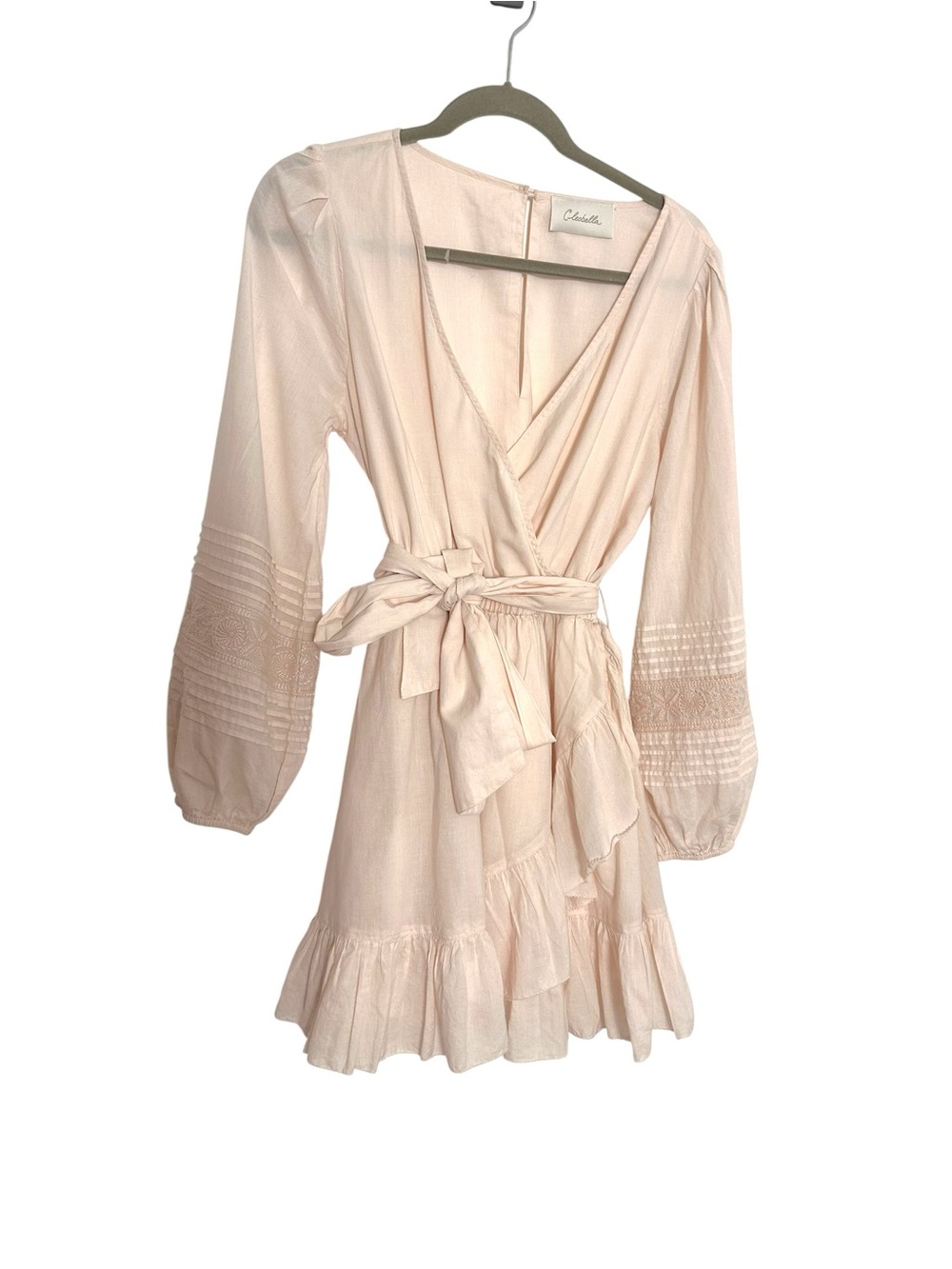 Cleobella Blush Pink Cotton Wrap Dress Embroidered Bell Sleeve Boho Mini Size S/